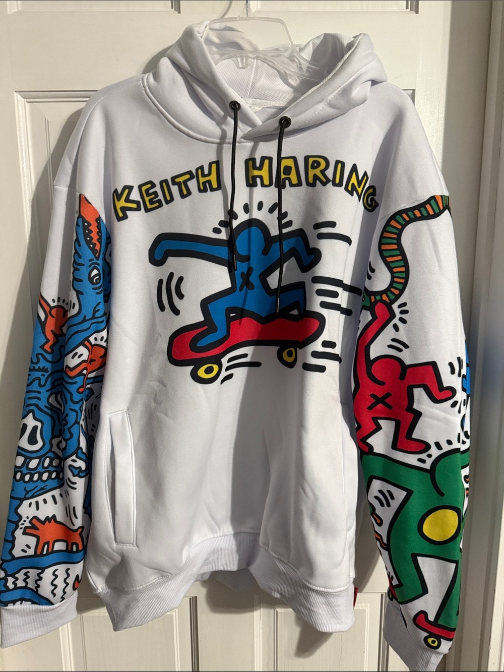 Members Only White Hoodie with Multicolor Keith Haring Skate Graphics NWOT